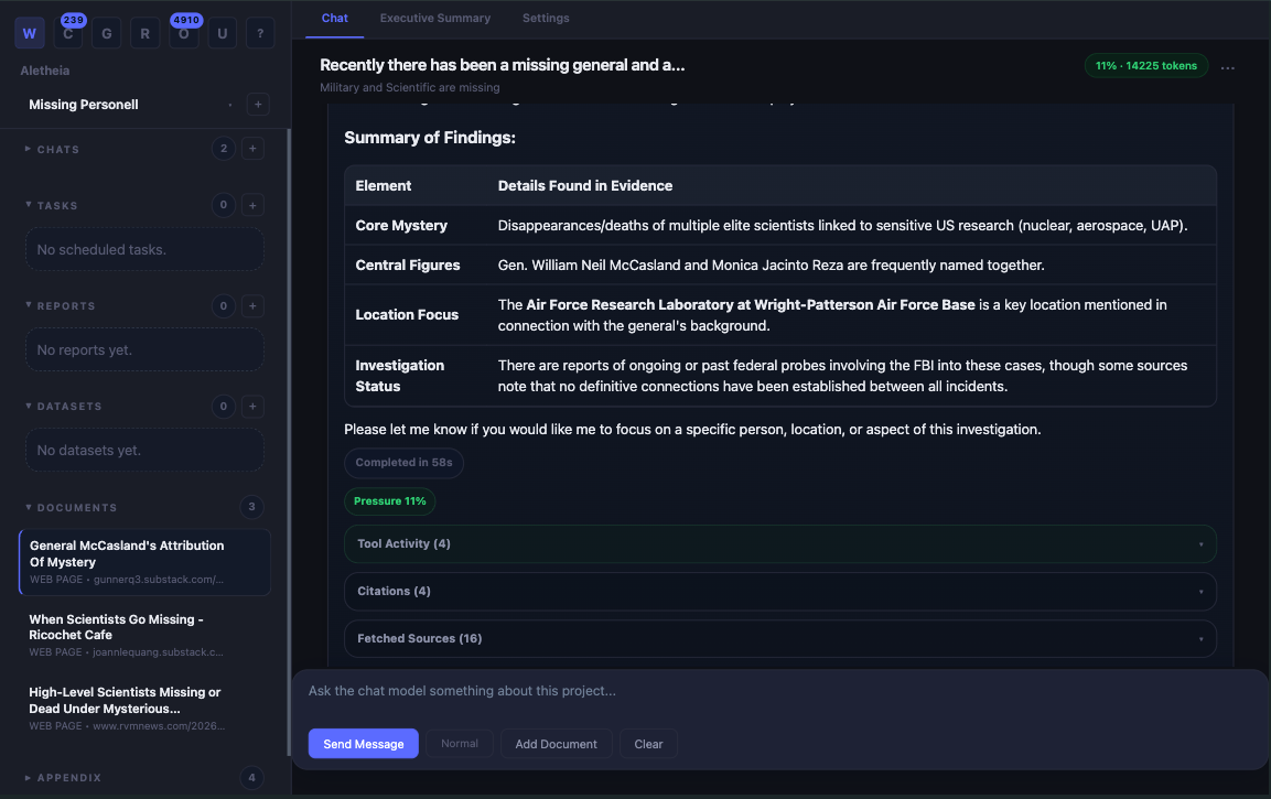 Aletheia chat interface mid-research-session with token-budget indicator