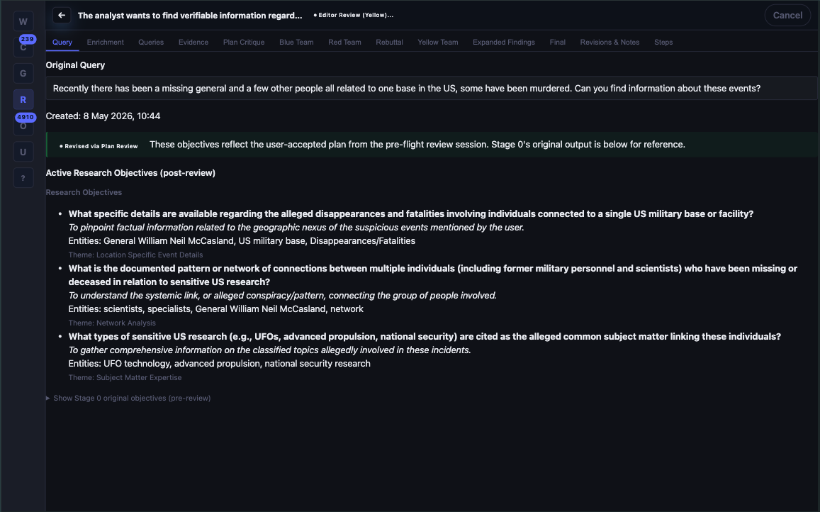 Aletheia deep research decomposition view showing original query and ~20 generated sub-queries