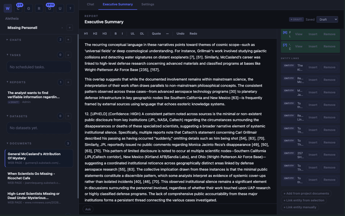 Aletheia report editor showing TipTap content, citations, and entity links
